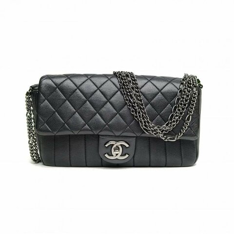 CHANEL 黑色牛皮19開銀扣CF口蓋包多鏈條肩背包