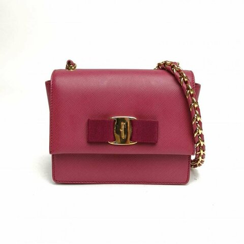 FERRAGAMO 紫紅色牛皮金扣單肩包