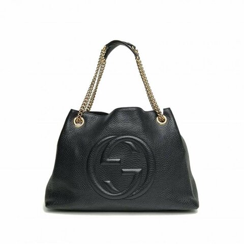 GUCCI 黑色牛皮淺金扣Soho流蘇購物袋肩背包