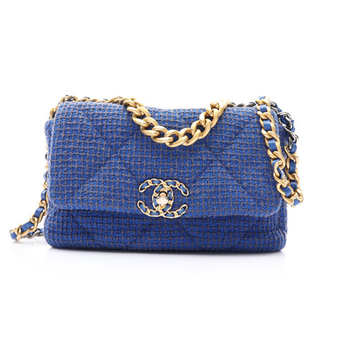 藍色 粗花呢 19 口蓋包 鍊帶 肩背包 金扣【CHANEL 香奈兒】 AS1160