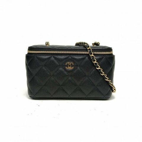 CHANEL 長盒子化妝包黑色荔枝牛皮鐳射標淺金扣肩背包