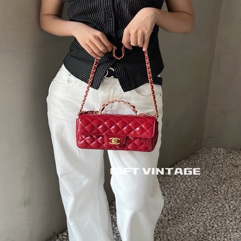 chanel 香奈兒 23kcf紅金漆皮大mini手柄斜挎包。
