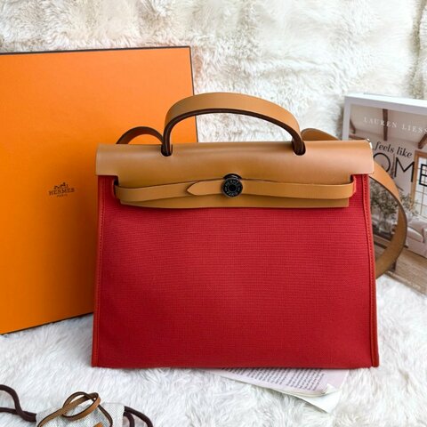Hermès Herbag 31 紅棕拼色 銀扣 A stamp