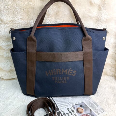 Hermès愛馬仕 馬術包 帆布 藍拼橙