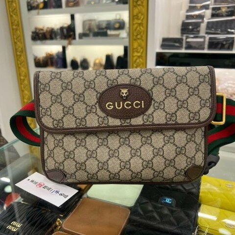 東區正精品㊣GUCCI 493930 GG Supreme belt bag 綠紅綠帶虎頭腰包胸口包RZ6493