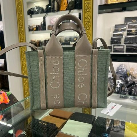 東區正精品㊣CHLOE Woody 近全新灰色皮革拼綠色帆布托特包手提包背帶斜背包兩用包小款 RZ6494