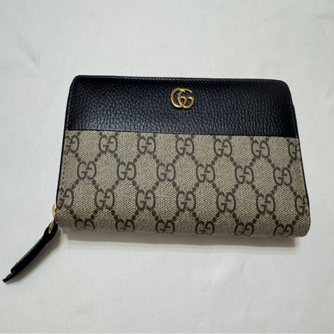 Gucci GG Marmont 雙G老花拼接皮革拉鍊長夾