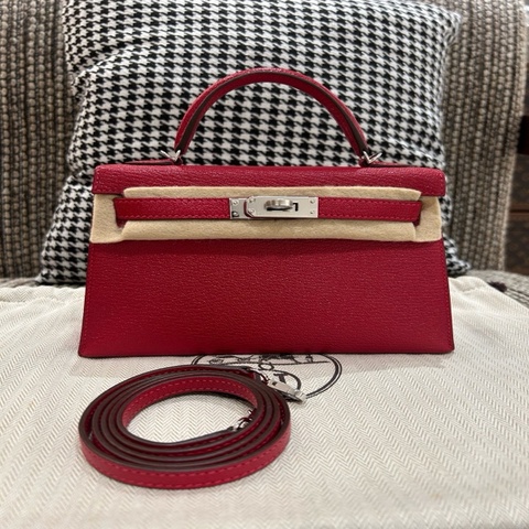 Hermes mini kelly二代 山羊皮~國旗紅內拼奶昔粉 D刻
