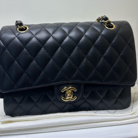 CHANEL 香奈兒 Classic Flap 25 中號黑金荔枝紋 COCO包