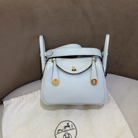 Hermes愛馬仕 mini lindy手提包單肩包斜挎包 聖杯藍 金扣u刻 附件：塵袋