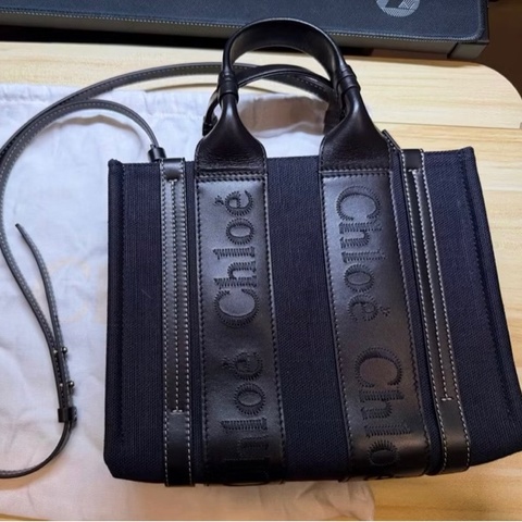 Chloé Woody Small Tote 深海藍色（丹寧拼接）亞麻帆布拼小牛皮兩用托特包 二手近全新