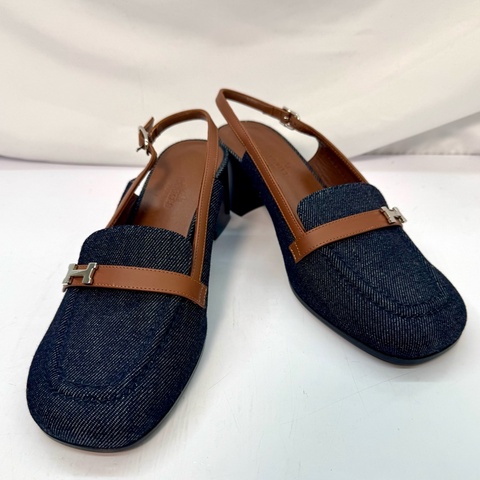 Hermès 經典 H LOGO 丹寧牛仔布方頭高跟鞋 / 粗跟包鞋  藍色單寧 #36.5號