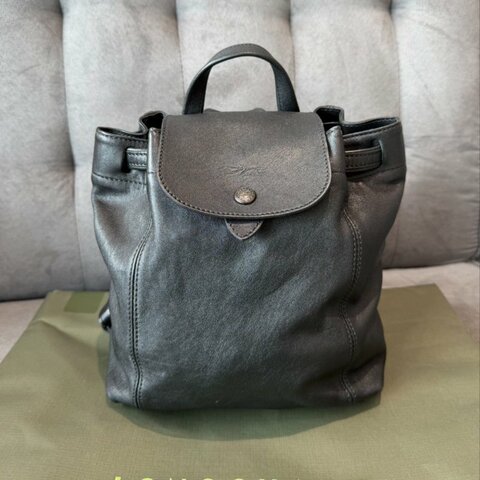 LONGCHAMP LE PLIAGE CUIR系列黑釦小羊皮後背包