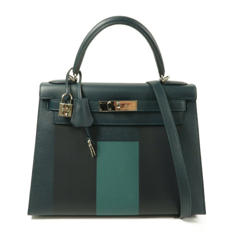 HERMES Epsom皮革/Clemence皮革Kelly 28手挽肩背兩用袋Vert Cypres/Bleu Obscur/Malachite