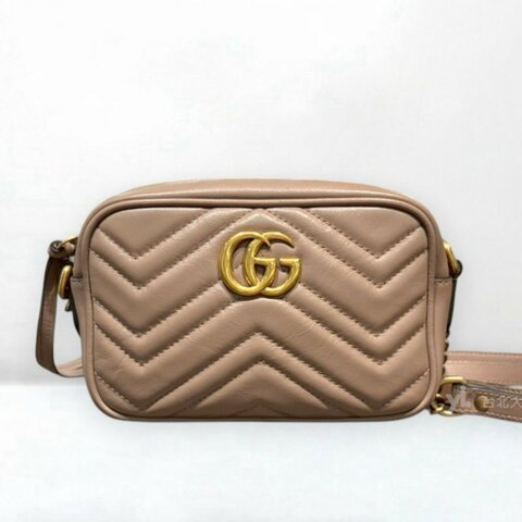 A13262-GUCCI Marmont粉膚牛皮山形復古金釦Mini相機包/448065