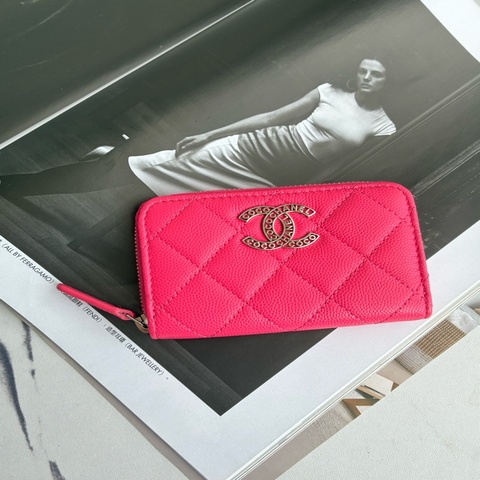 Chanel AP3830粉色荔枝鏤空logo零錢包👛
