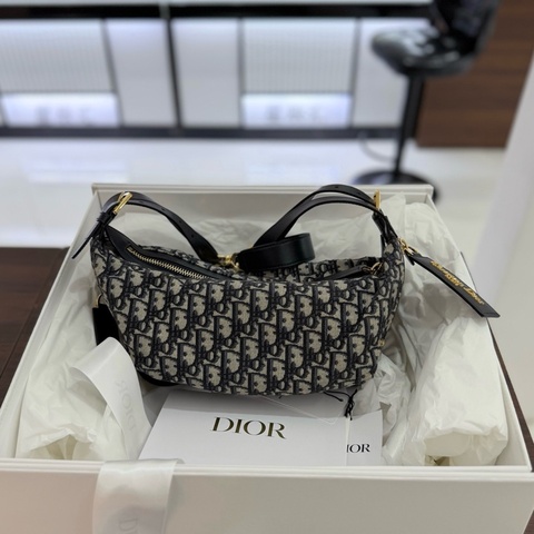 迪奧/Dior D-Journey 織物拼牛皮革 老花腋下手提包單肩包飯盒包 小號 迪麗熱巴同款 金扣
