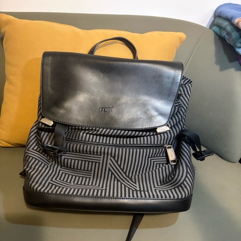 【專櫃正品】FENDI Optical Logo Backpack 黑灰條紋後背包 附防塵袋