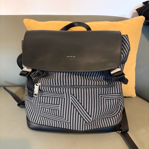 【專櫃正品】FENDI Optical Logo Backpack 黑灰條紋後背包 附防塵袋