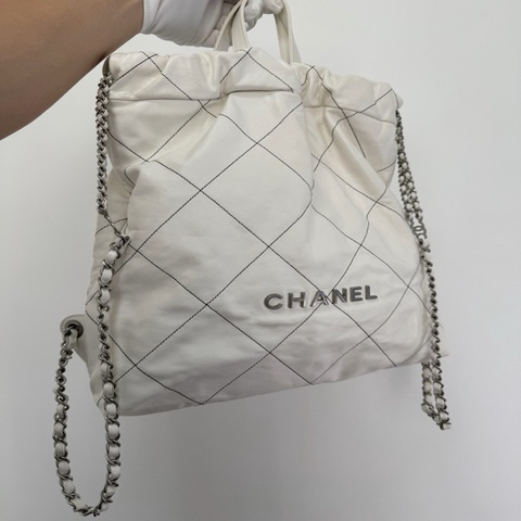 Chanel 香奈兒22bag 白色菱格紋鏈條雙肩包