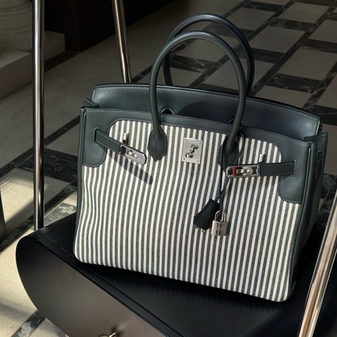 💚Hermes 愛馬仕 birkin35英國綠條紋帆布手提包 銀扣