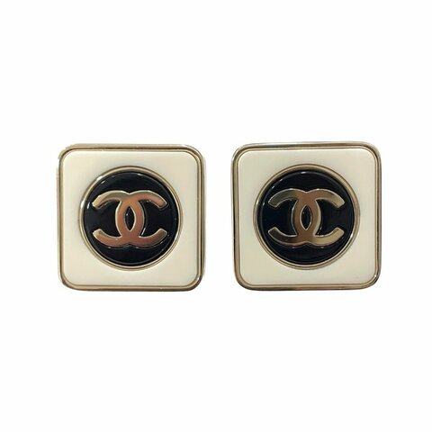 CHANEL 香奈兒 B23C 黑白方形針式耳飾 合金 黑白色 金釦