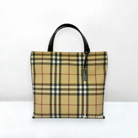 A13277-BURBERRY 經典格紋黑色牛皮手把直立托特包