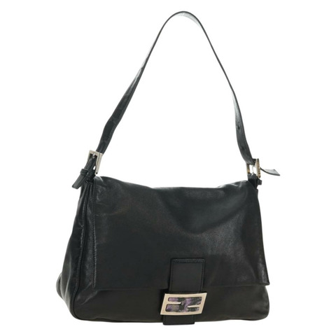 FENDI Mamma Baguette 單肩包，黑色銀色皮革，正品編號 183639V