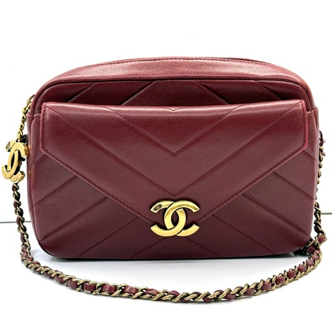 CHANEL 香奈兒 酒紅色牛皮鏈條斜背包 相機包 CHEVRON