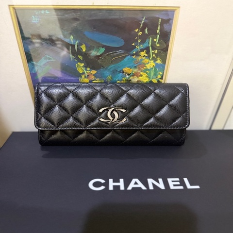 非常美🖤晶片款✨CHANEL黑色荔枝皮 香奈兒翻蓋皮夾 雙C帶鑽鴛鴦釦
