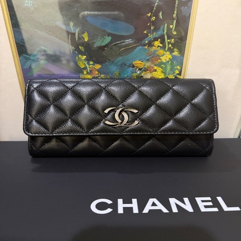 非常美🖤晶片款✨CHANEL黑色荔枝皮 香奈兒翻蓋皮夾  雙C帶鑽鴛鴦釦