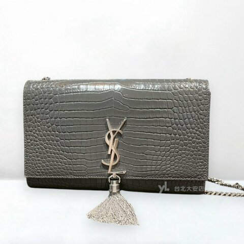 A13286-YSL KATE 灰色鱷魚壓紋牛皮銀色流蘇包354119