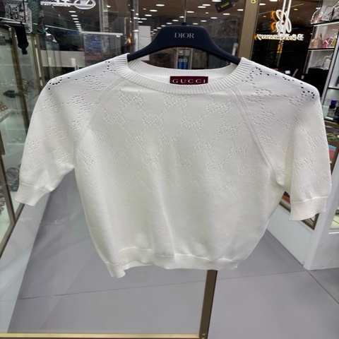 Gucci 白色雙G鏤空棉質圓領短袖針織衫 S碼