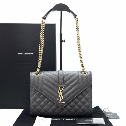YSL/聖羅蘭深灰色金扣中號envelope單肩斜挎信封包