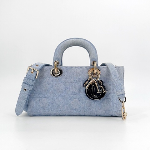💙 Dior Lady D-JOY藤格紋牛仔面料 戴妃包單肩包斜挎包手提包 中號 藍色 可拆卸調節肩帶