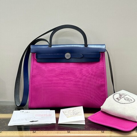 HERMES/愛馬仕帆布拼皮銀扣herbag31子母手提斜挎包