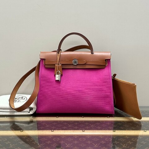 HERMES/愛馬仕帆布拼皮銀扣herbag31子母手提斜挎包