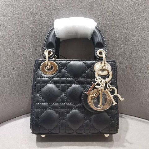 迪奧/Dior Supermini黑金羊皮三格戴妃手提包斜挎包 金扣 附件：肩帶