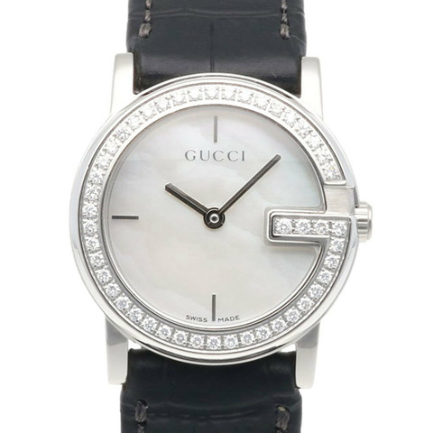 Gucci 女士腕錶，101L 不鏽鋼石英錶殼，白色貝殼錶圈鑲鑽。