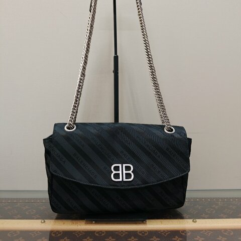 BALENCIAGA/巴黎世家LockRound黑銀尼龍緞面單肩斜挎包