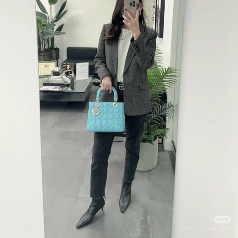 Dior 黛妃五格手提斜背包 淺藍色 銀扣 24*20*12 98新配件保卡 肩帶 塵袋