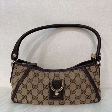 GUCCI 130939 深咖皮 緹花布 金釦 Abbey GG 肩背包