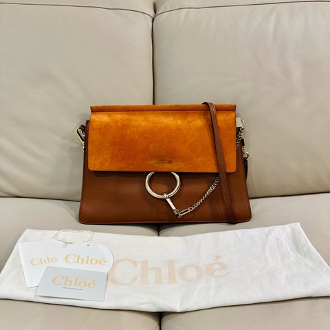 Chloe Faye 皮革肩背斜背包/焦糖棕色/中號/風琴包/98新美品