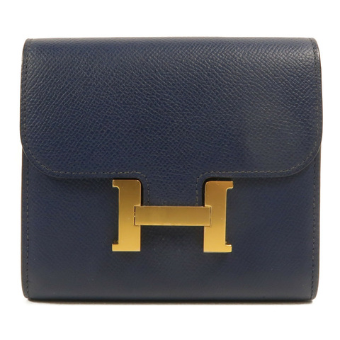 HERMES Epsom皮革Constance Compact Wallet錢包Bleu Saphir