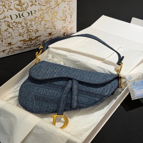 Dior迪奧藍色牛仔刺繡老花金扣馬鞍包手提包1中號