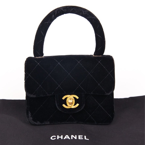 Chanel 2开黑金丝绒书包扣mini kelly手提包