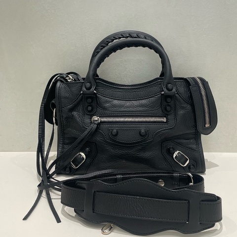 Balenciaga巴黎世家mini 黑銀油蠟皮機車包