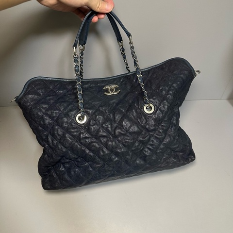 Chanel 香奈兒荔枝牛皮手提單肩包藍色