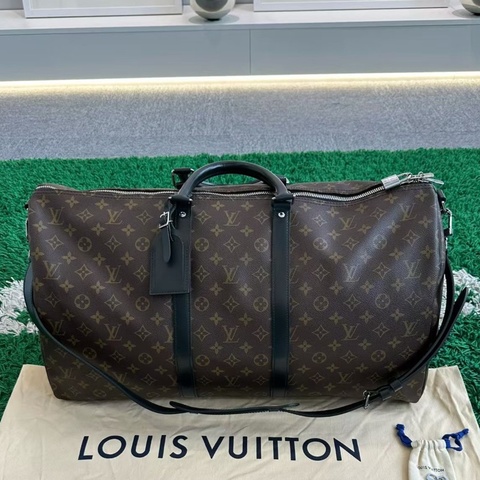 99新 Louis Vuitton lv經典爆款 老花黑色配皮拼接 老花旅行袋 55尺寸 芯片款