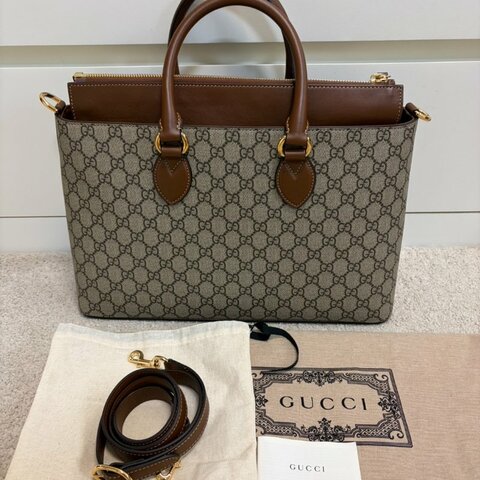 9.9成新僅家中試拿！GUCCI 古馳 779781 經典LOGO帆布皮革拉鍊手提斜背兩用包(棕色)
